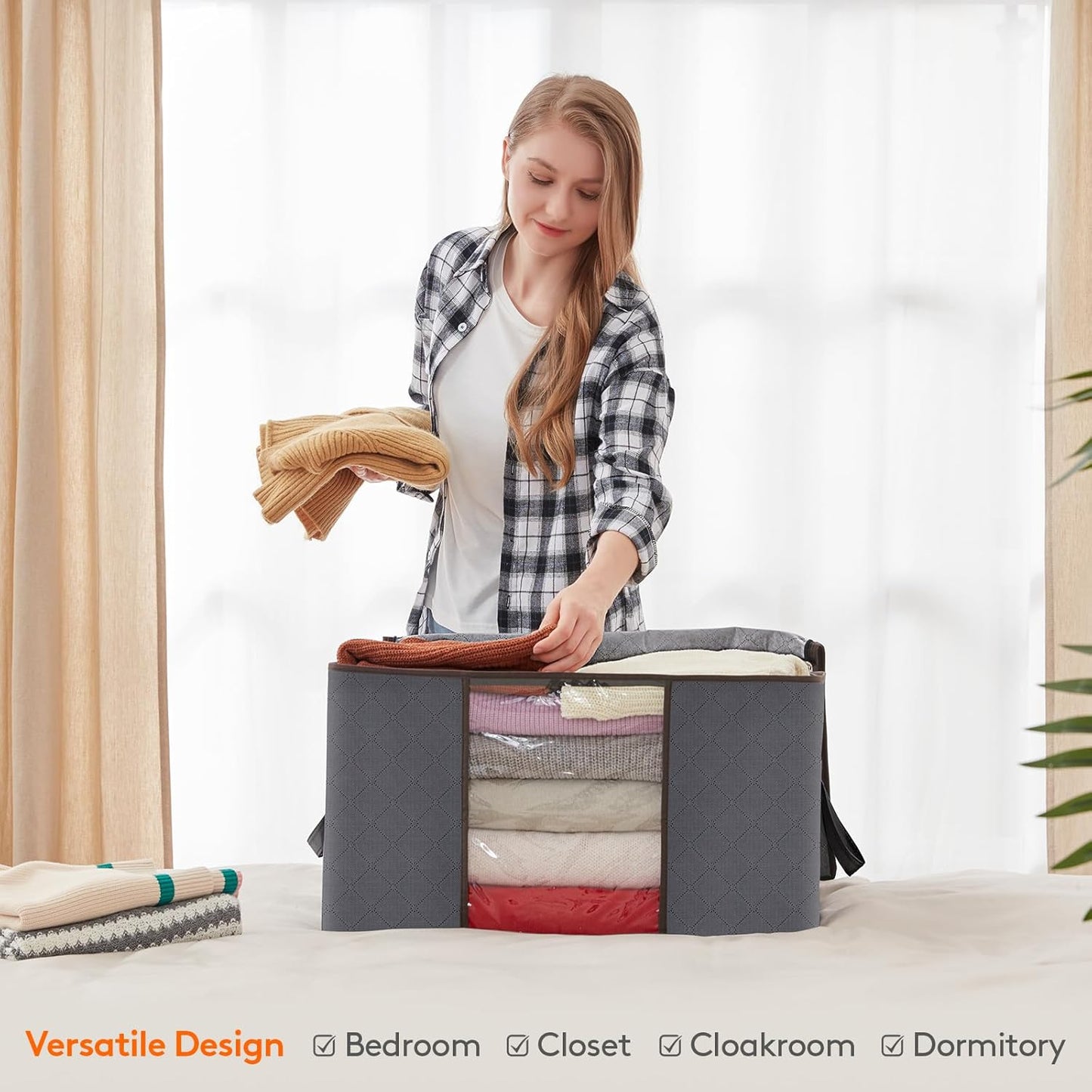 شنط تخزين الملابس والبطانيات، قابلة للطي مع نافذة شفافة، سعة 60 لتر